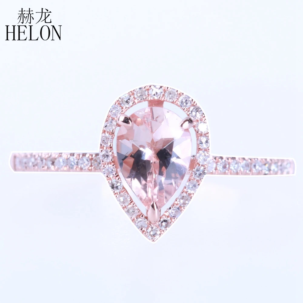 

HELON Solid 18k 14K 10k Rose Gold Ring 7x5mm Pear Cut Genuine Morganite Diamonds Engagement Wedding Ring Prong Sharp claws