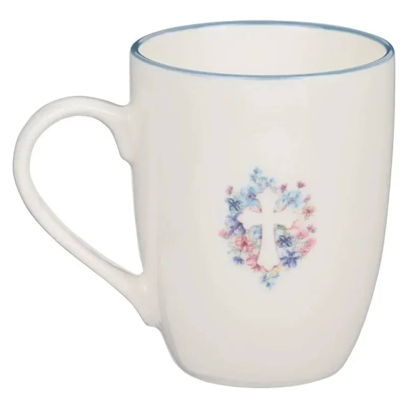 Tasse à café et à thé en céramique pour femme, cadeaux d'art chrétien, croix florale rose et bleu clair, micro-ondes mignon