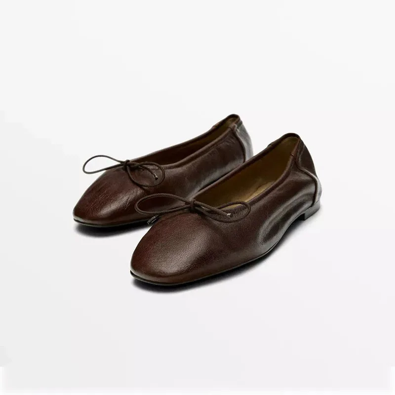 Withered Southern French Minimalist Leather Women's Flats And Loafers Elegant Women's Shoes Brown Pleated Bow Ballet Shoes Woman