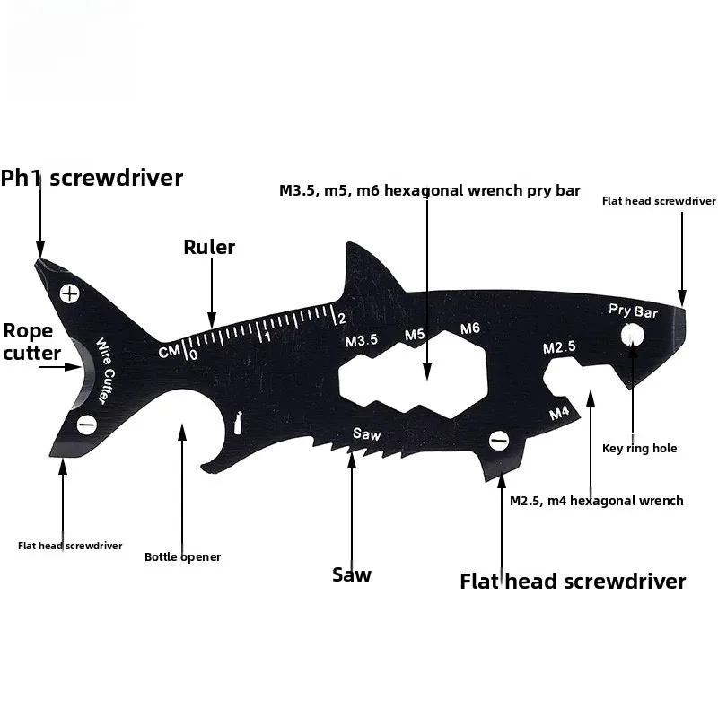 1PC 15-in-1 outdoor portable EDC survival tool card shark-shaped bottle opener multifunctional keychain pocket tool