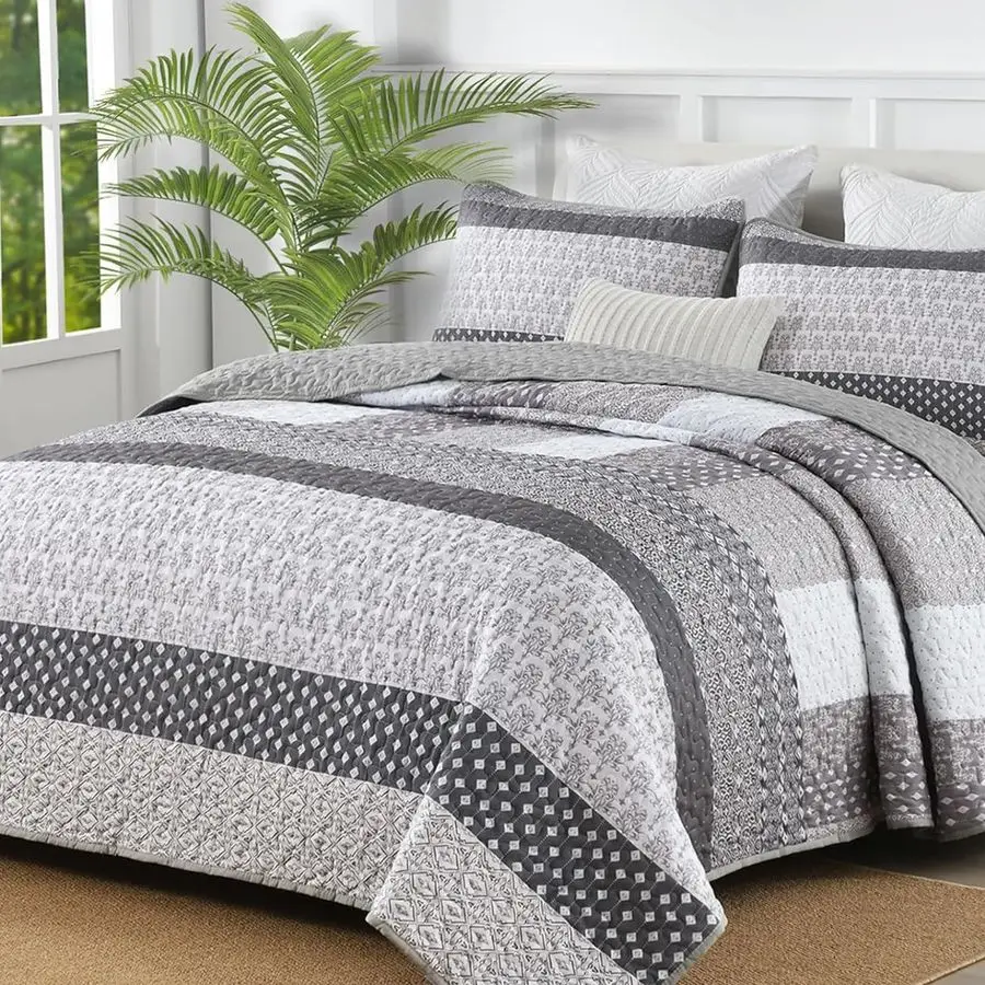 

Grey Quilt King Size, Bohemian Stripe Quilt Sets 3 Pieces Boho Quilted Bedspread Set Lightweight Microfiber Coverlet Bedding Set