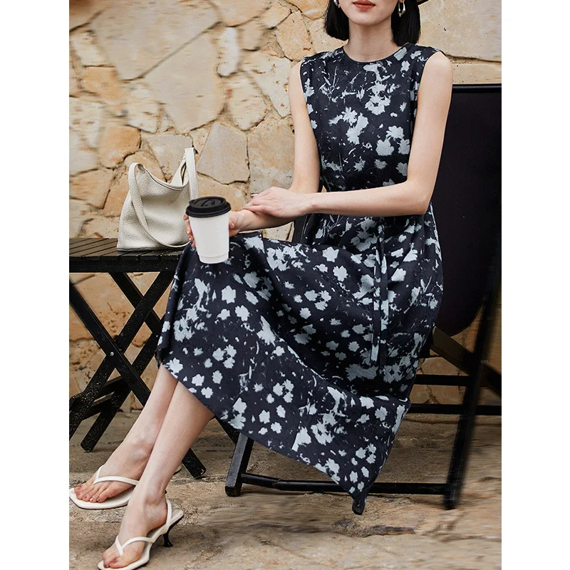 Silk Flower Print Sleeveless Slim Waist Dress 2025 Summer Mulberry Silk French Temperament Thin Floral Dress