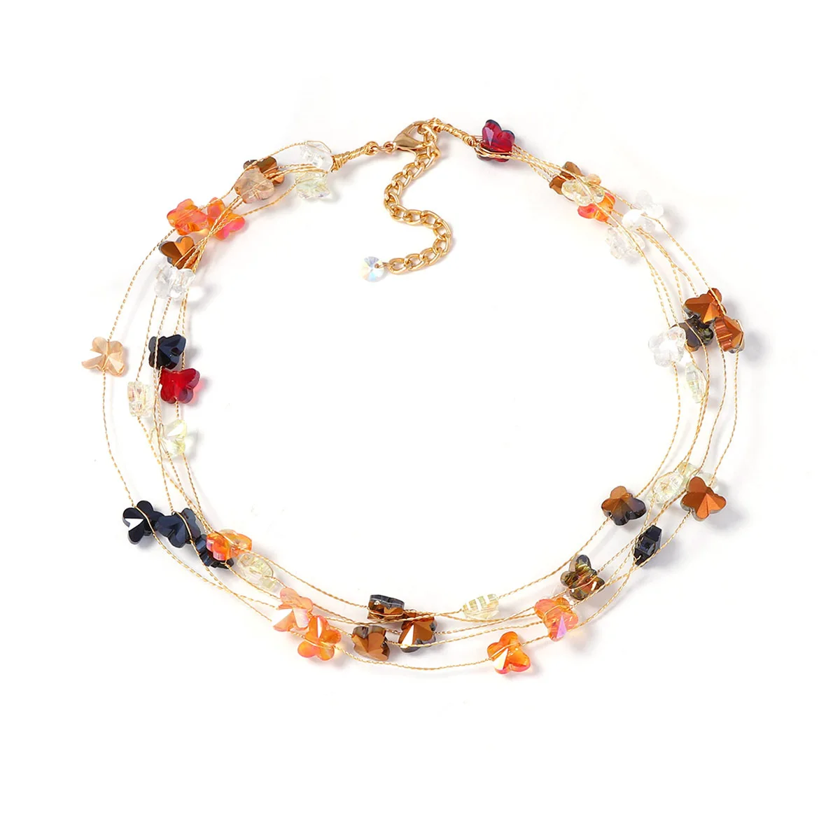 Fresh, sweet, and sophisticated multi-layered hand-woven crystal colorful butterfly and flower clavicle chain necklace, jewelry