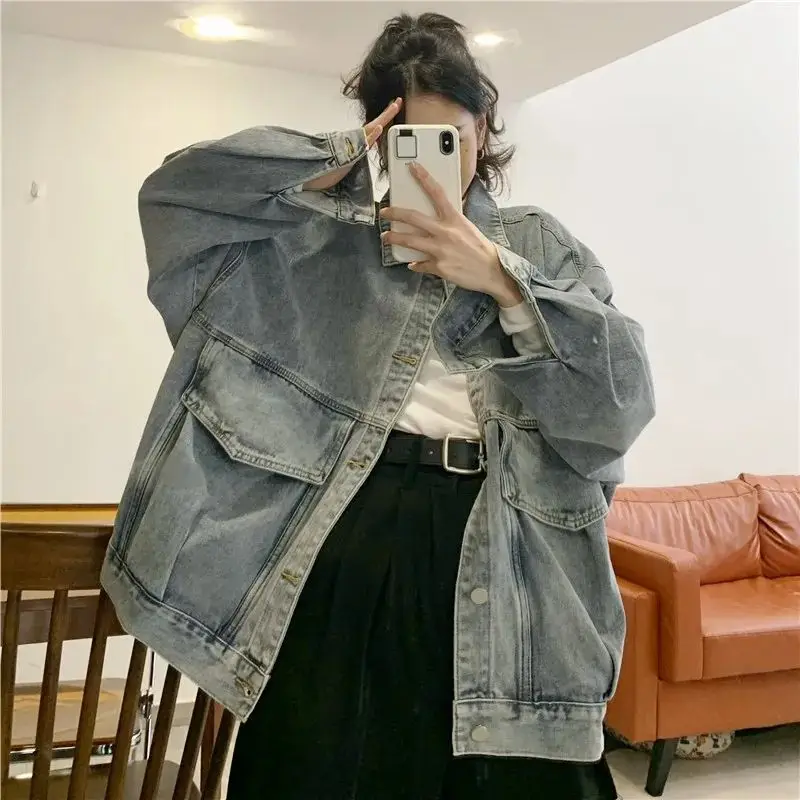 plus Size 300 Pounds Hong Kong Style Water Washed Denim Jacket Loose Fit Unisex Spring Autumn Korean Version Workwear Jacket Top