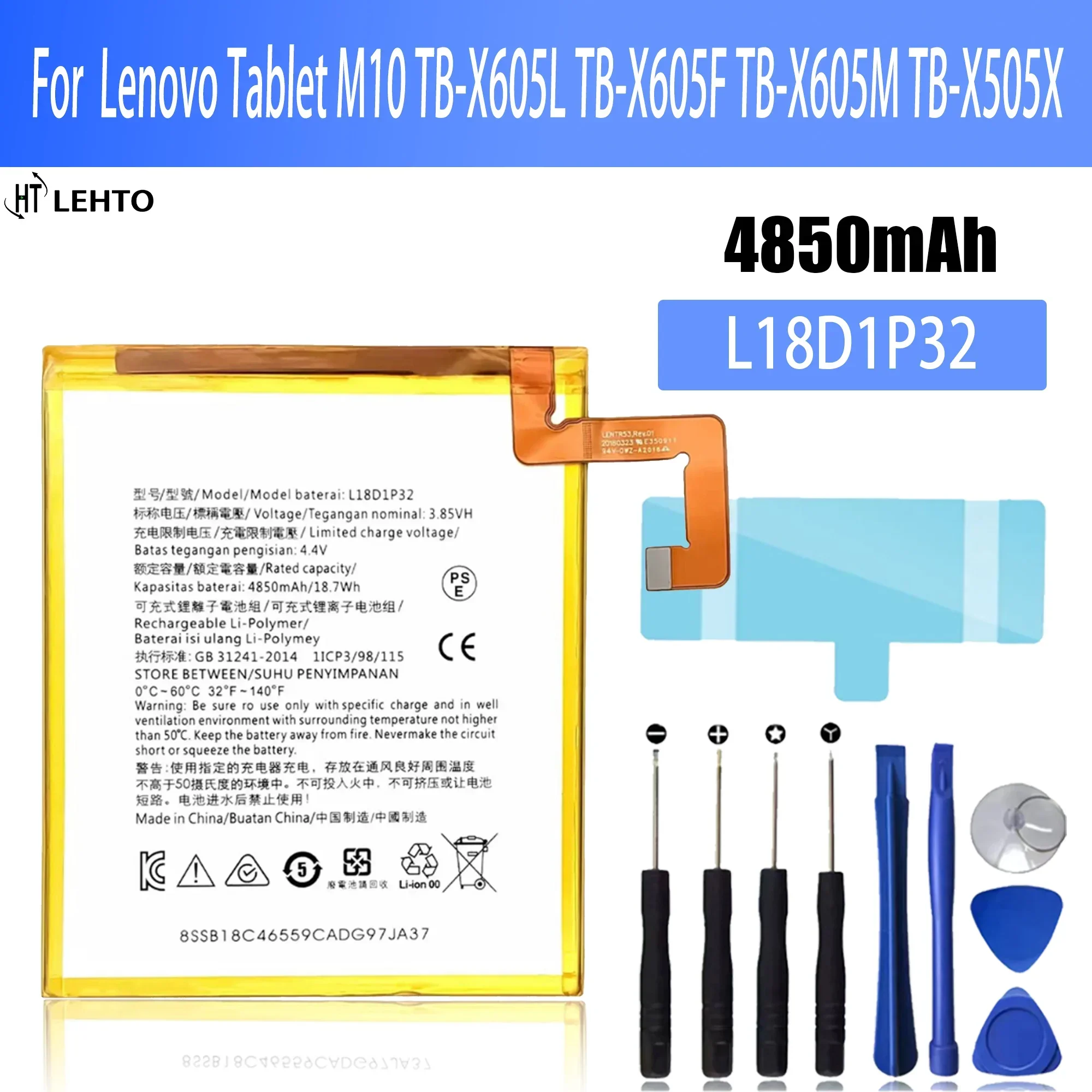 

Original TAB M10 Battery For TB-X505F TB-X505X TB-X505L TB-X605F TB-X605M TB-X605L L18D1P32 4850mAh Tablet Battery +Tool