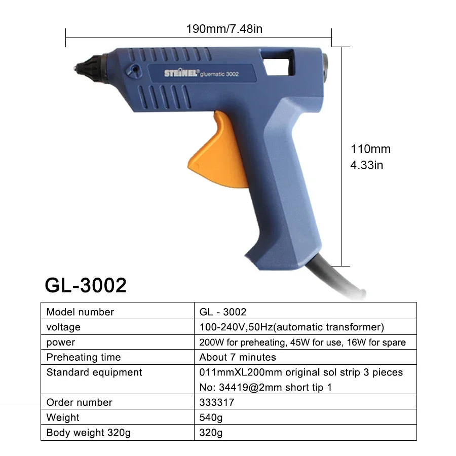 STEINEL (45W) Fast Preheating Hot Glue Gun Kit for Construction, DIY and Crafts with 3 Glue Sticks NO.GL-3002