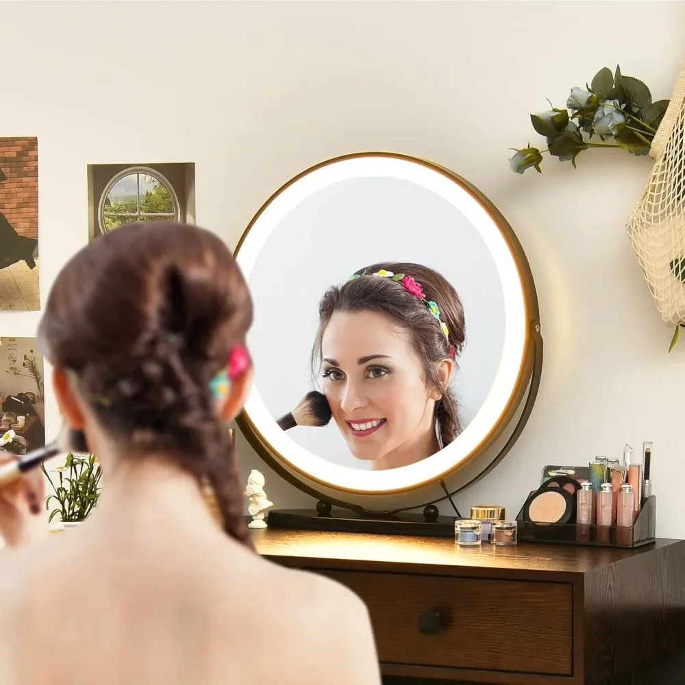 Vanity Set, Wooden Makeup Dressing Table with 3 Colors Lighted Mirror & Stool, Left or Right Side Cabinet, Lipstick Storage Box