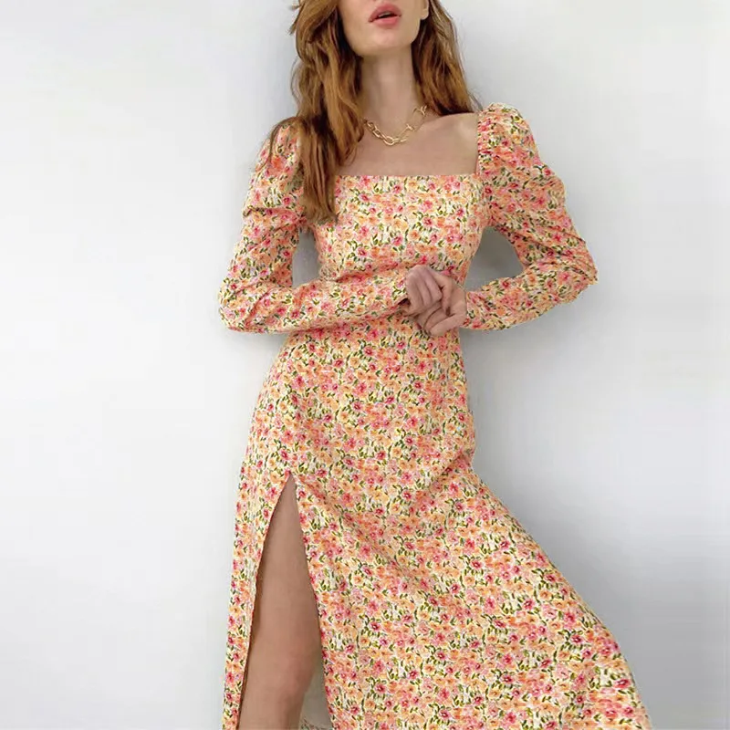 

Large Print Floral Dress Sqare Neck Long Sleeve Dress Bodycon Skinny Dress Sexy Backless High Split Dress Woman Beach Dress