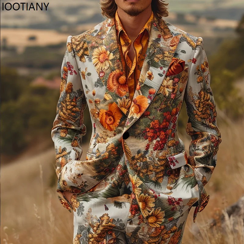 Colorful Landscape Jungle Print Suit Jacket Pants Men Landscape Painting Casual Suits Holiday Dress Business Casual Banquet Suit