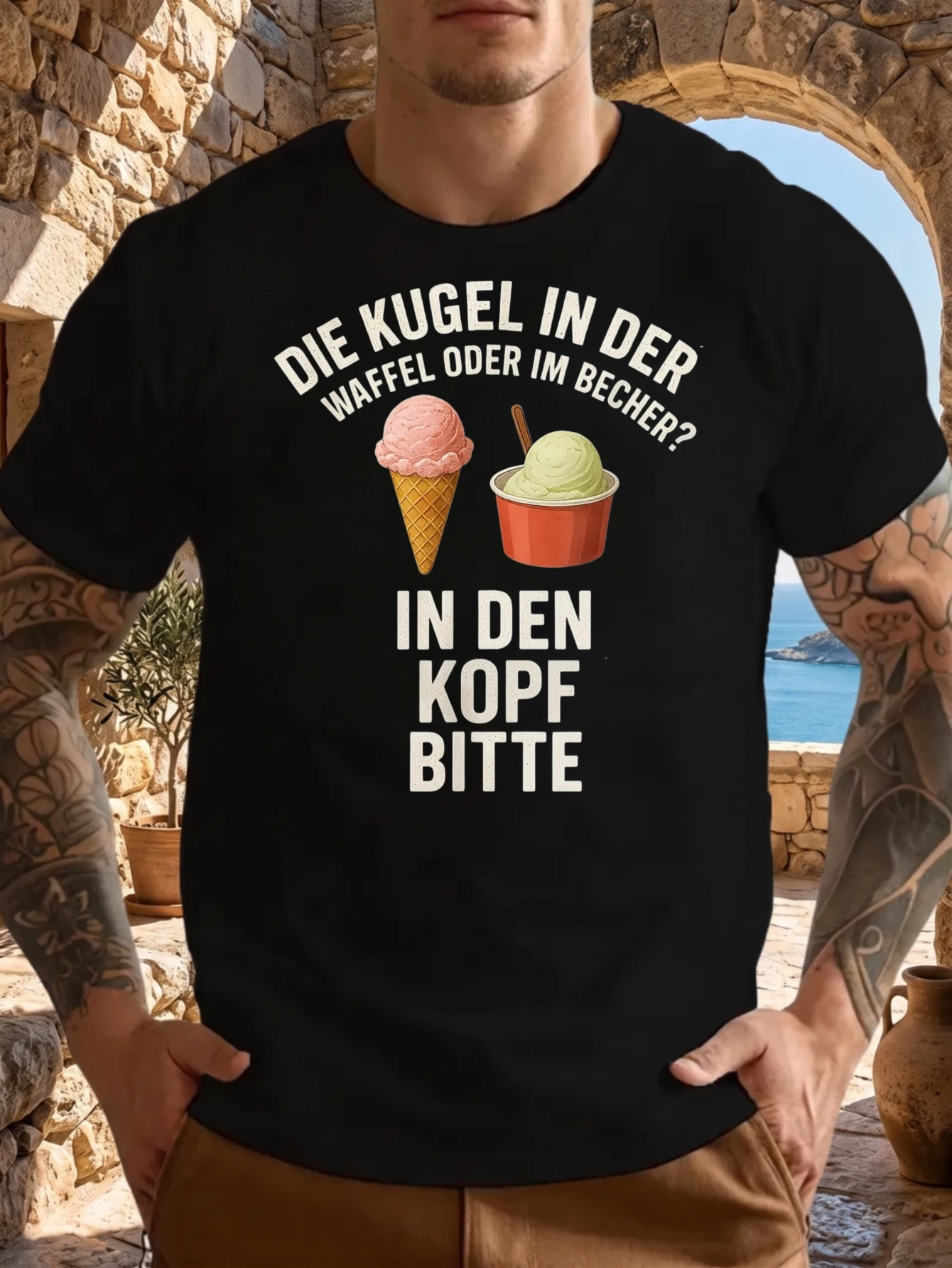 1 Stück 100% Baumwolle Unisex T-Shirt mit Aufdruck „Die Kugel in der Waffel oder im Becher im Kopf bitte“, O-Ausschnitt, kurze Ärmel, Plus Size, bequeme Freizeitkleidung, maschinenwaschbar.