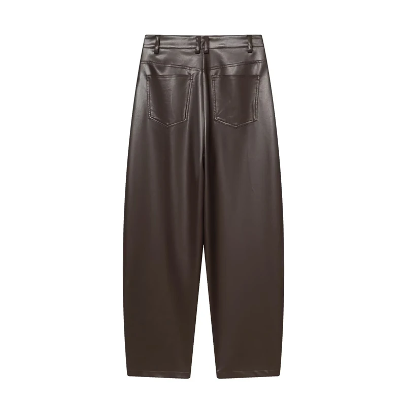 KEYANKETIAN Lente Nieuwe dames kunstleer Casual broek Retro-stijl Rits Hoge taille Losse zakken Bruine lange broek