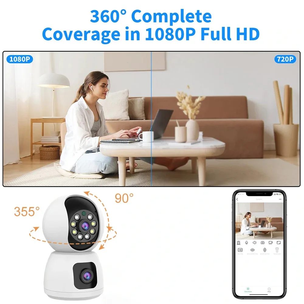 デュアルレンズ付きWifi IPカメラ,自動追跡,CCTV,カラー,夜間,家庭,ベビーモニター,ビデオ監視,セキュリティ,PTZ
