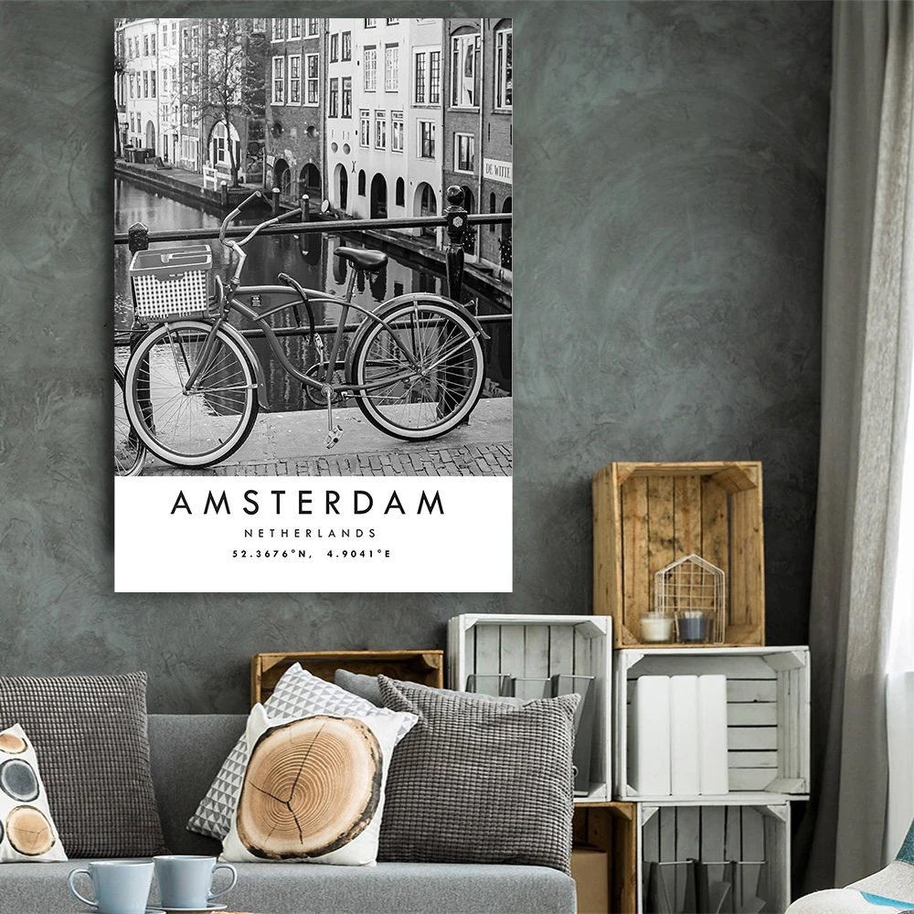 Home Decor Netherlands - Plakat podróżniczy Amsterdam, plakat Holandia, czarno-biały