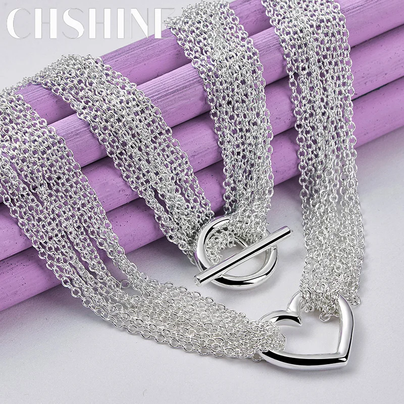 CHSHINE 925 Sterling Silver Heart Frame Multi Thin Chain Necklace For Women's Wedding Engagement Fashion Charm Jewelry