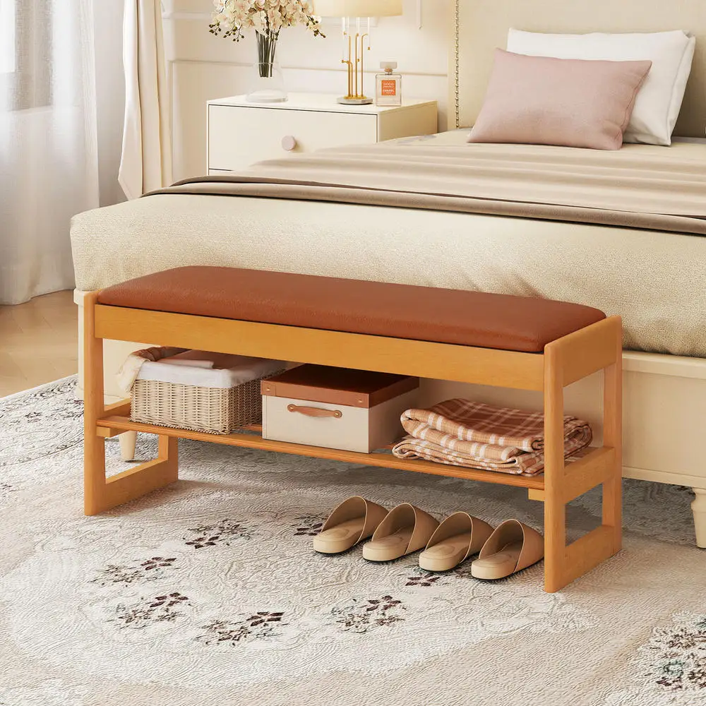 Shoe Cabinet Bench With Storage, Solid Rubberwood Entryway Shoe Storage Bench, Flip-Top Hidden Compartment, 2-Tier Open Shelf For Sneakers, Space Saving Slim Design For Small Foyer Apartment, Brown
