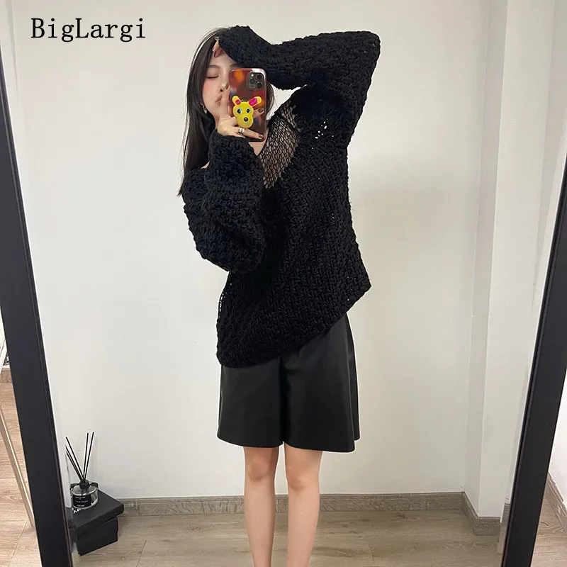 Autumn Winter Knitted Sweater Women Top Korean Loose Lazy Oaf Hollow Strapless Laides Sweaters Long Sleeve Pullover 2022 Jumper