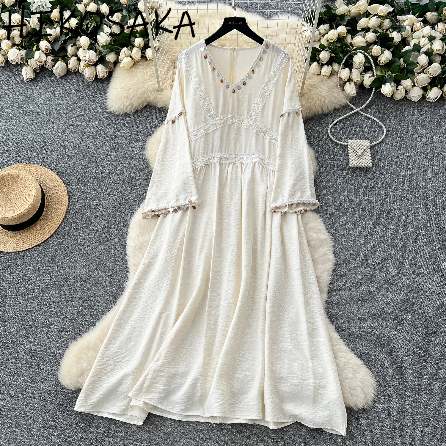 

Niche Retro Ethnic Style Lace Patchwork Flare Sleeve Loose Dress V-neck Casual A-line Long Robe Spring Summer Elegant Vestidos