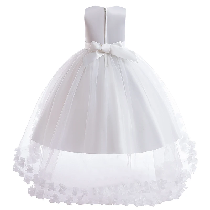 Kids Embroidery Flower Beaded White Tulle Princess Dress With Bow Knot For Wedding Bridesmaid Birthday Carnival  Party 3-10Y