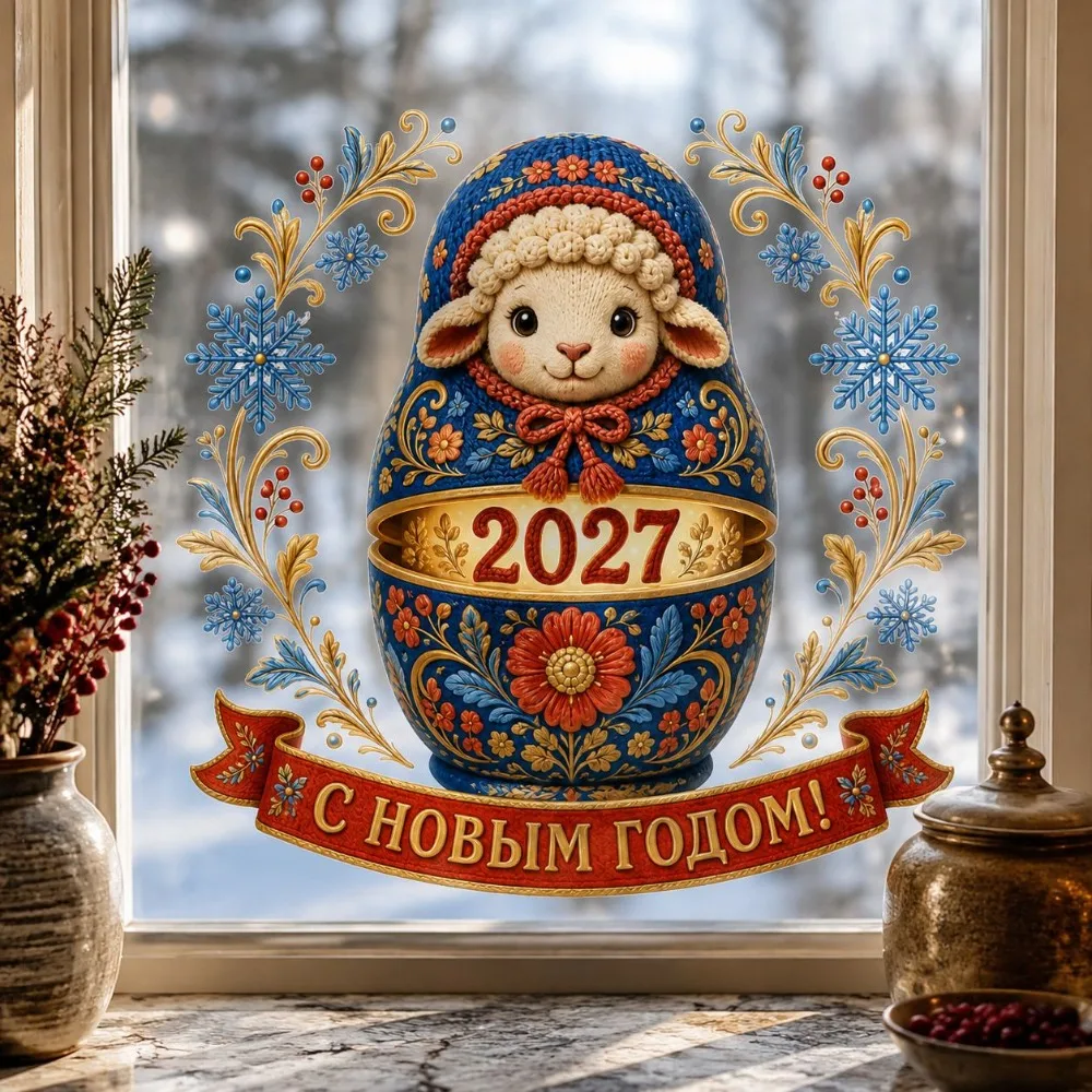 2027 New Year Zodiac Sheep Christmas Window Stickers Cute Vintage Lamb Static Cling Sticker Glass Decals Holiday Home Decor Gift