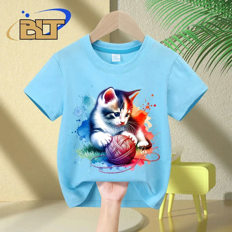 Camiseta con estampado de gatito juguetón de acuarela para niños, tops casuales de manga corta de algodón para niños y niñas, Verano
