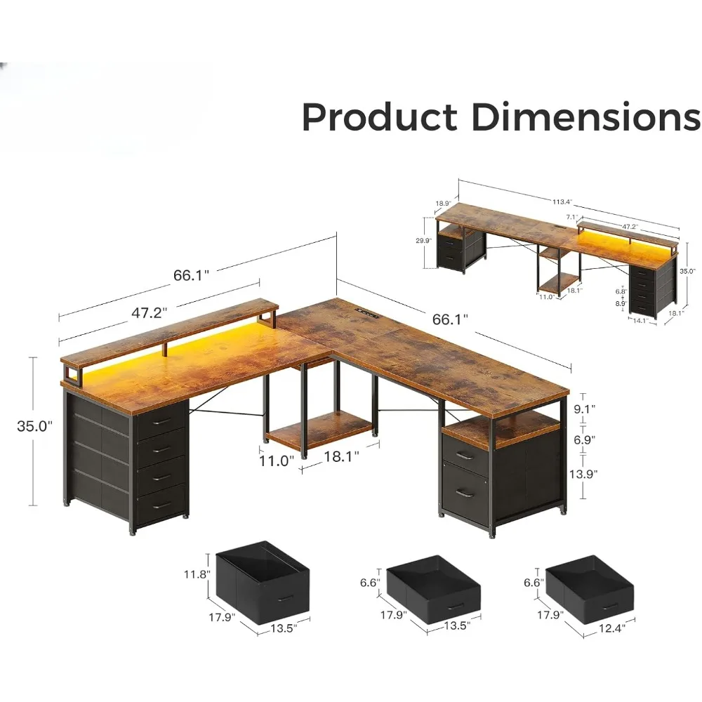 66 inch L-vormig computerbureau, 113 inch omkeerbaar thuiskantoor met archiefkast en 4 stoffen lades, bureau voor twee personen