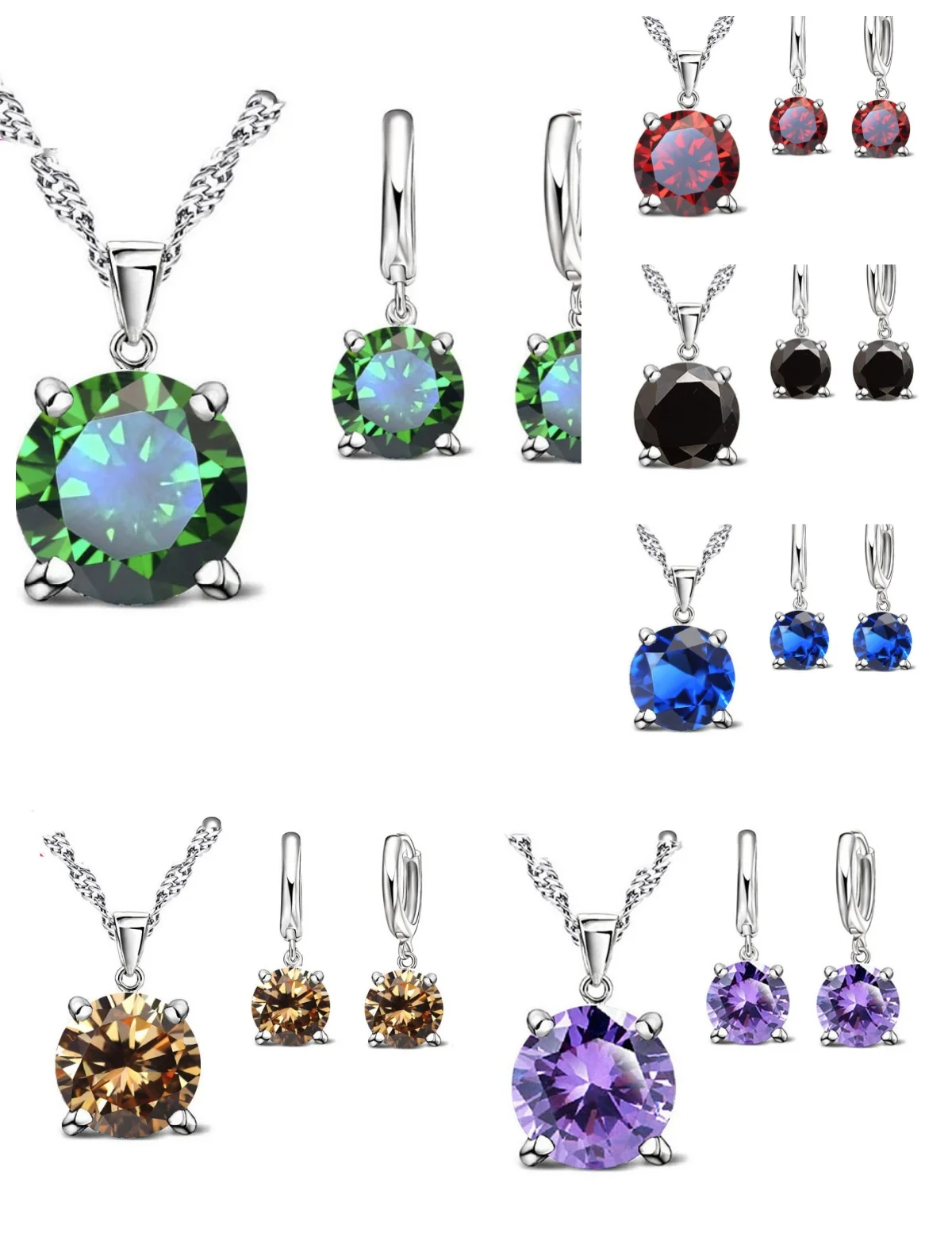 Simple 925 Sterling Silver 4 Claws Round Cubic Zircon Pendant Necklace Earrings Set for Women Wedding Party Fashion Jewelry Gift