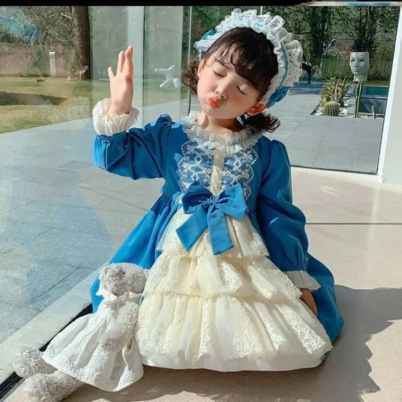 Japanese Style Lotia Dress for Girls Bowknot Toddler Long Sleeve Embroidery Spanish Ball Gowns Eid Baptism Party Clothes