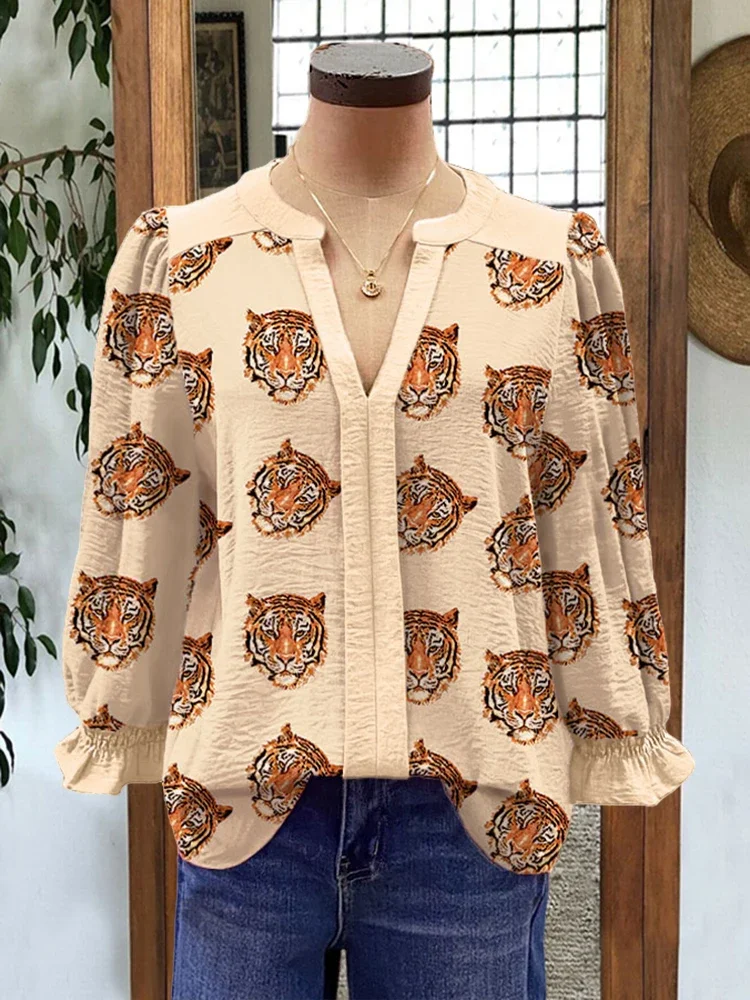 Tiger & Leopard Panel Print Button Front Shirt Casual Long Sleeve  Blouse For Spring & Fall, Women's Panel Puff Sleeve Top