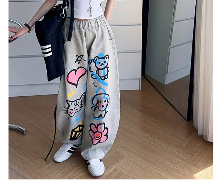 American Girl Baggy Washed Jeans Kinder Retro Harajuku Cartoon Print Denimhose Kinder Hip Hop Streetwear Hose mit Zeichnungen – Detail 7
