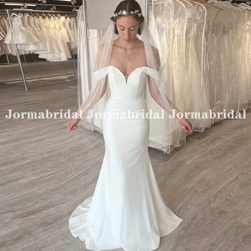 

Minimalist Mermaid Wedding Dresses Off the Shoulder Sweetheart Neckline Crepe Long Bridal Gown Zipper with Buttons Back Vestidos