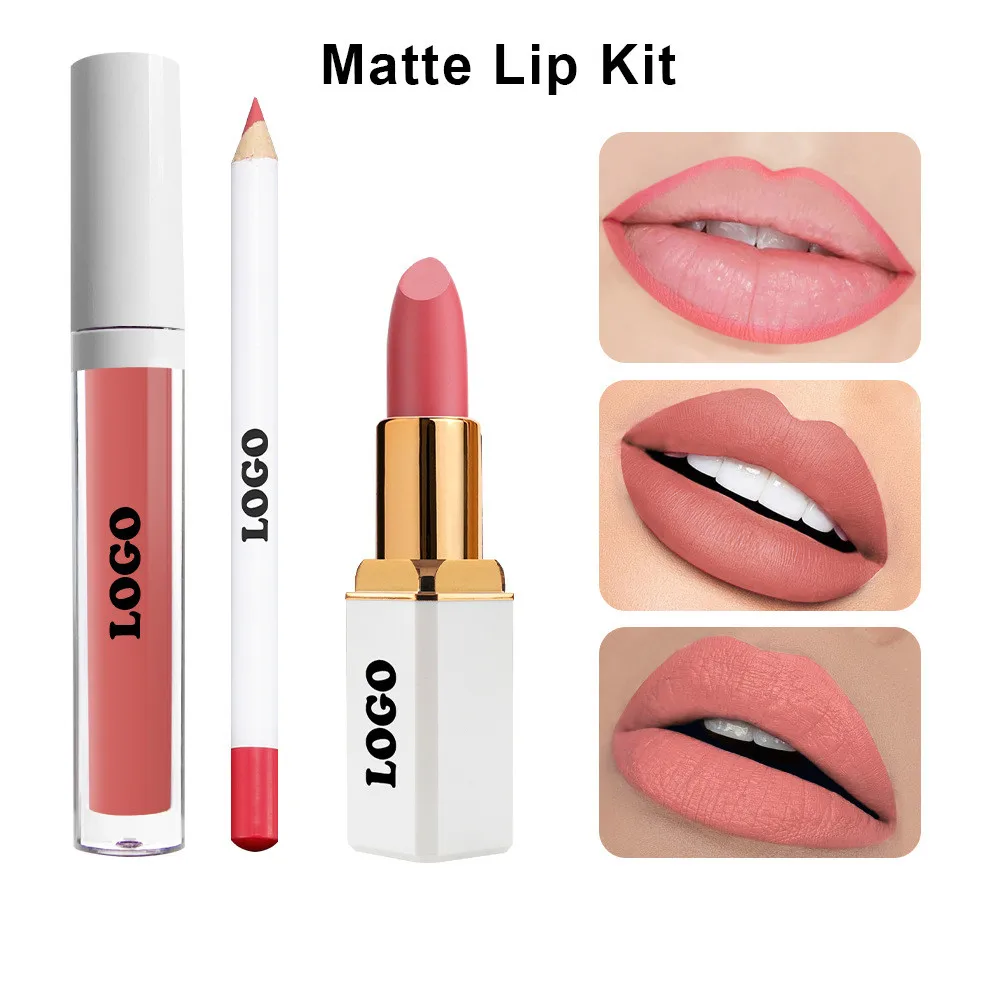 

3pcs Lipgloss Lipstick Lip Liner Set Custom Logo Makeup Nude Velvet Waterproof Lip Gloss Tint Glaze Long Lasting Cosmetics Kit