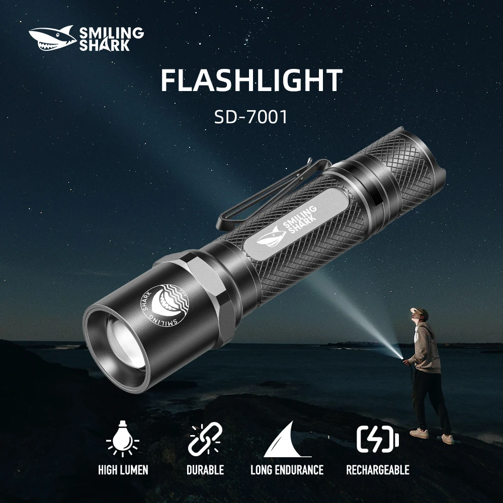 

Светодиодный фонарик Smiling Shark SD-7001, супер яркий ручной фонарик, долговечная перезаряжаемая вспышка для улицы, черный