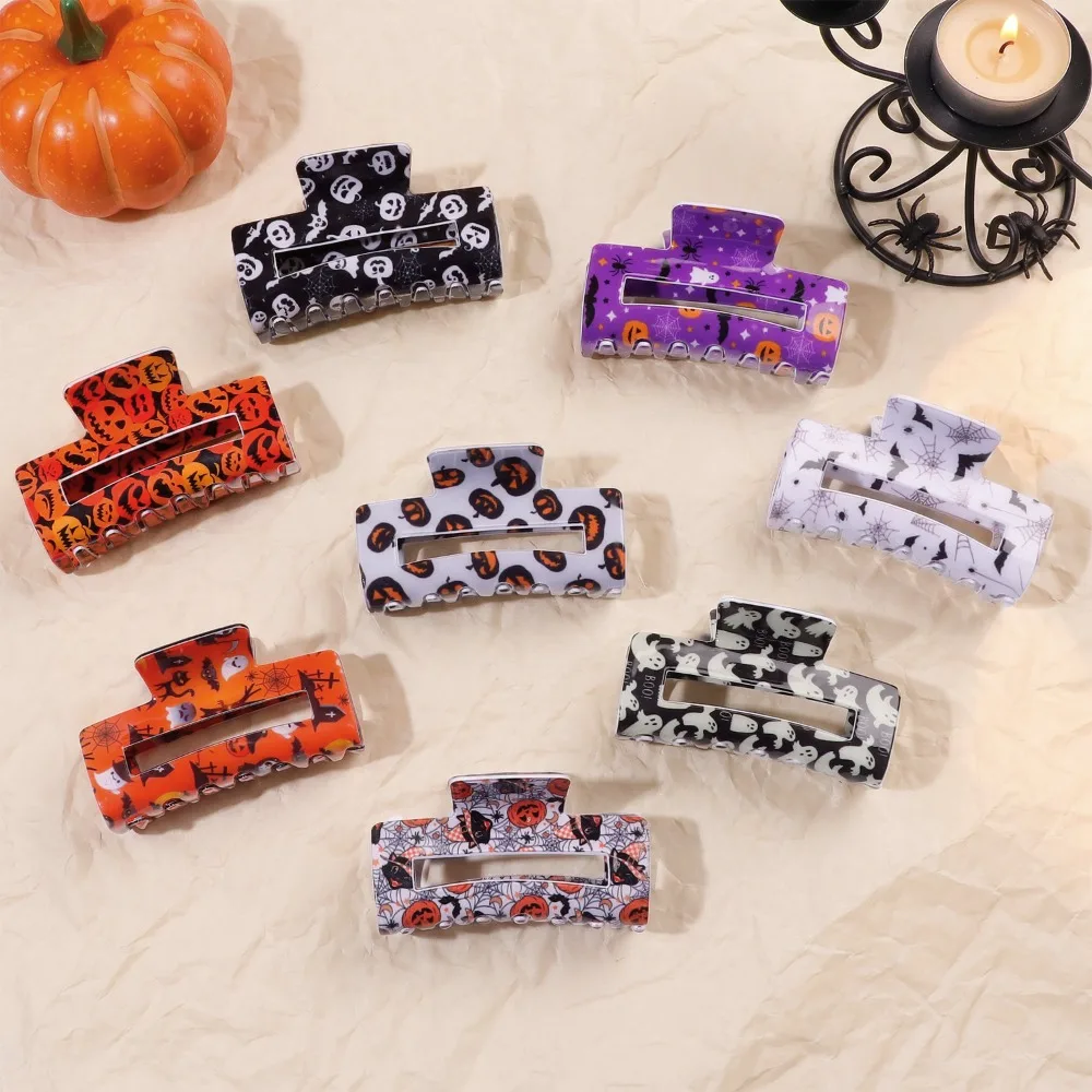 2Pcs Bat Ghost Pumpkin Halloween Hair Claw, Print Shark Clip for Women, Holiday Party Hair Accessories Decorations