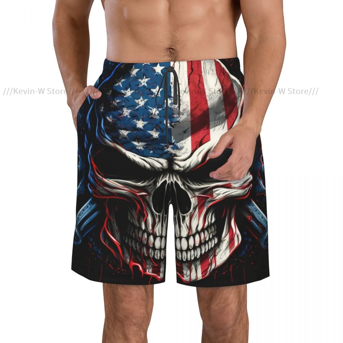 2022 Summer Men's Swimwear Shorts Skull And Bones American Flags Beachwear Swim Trunks Men Swimsuit