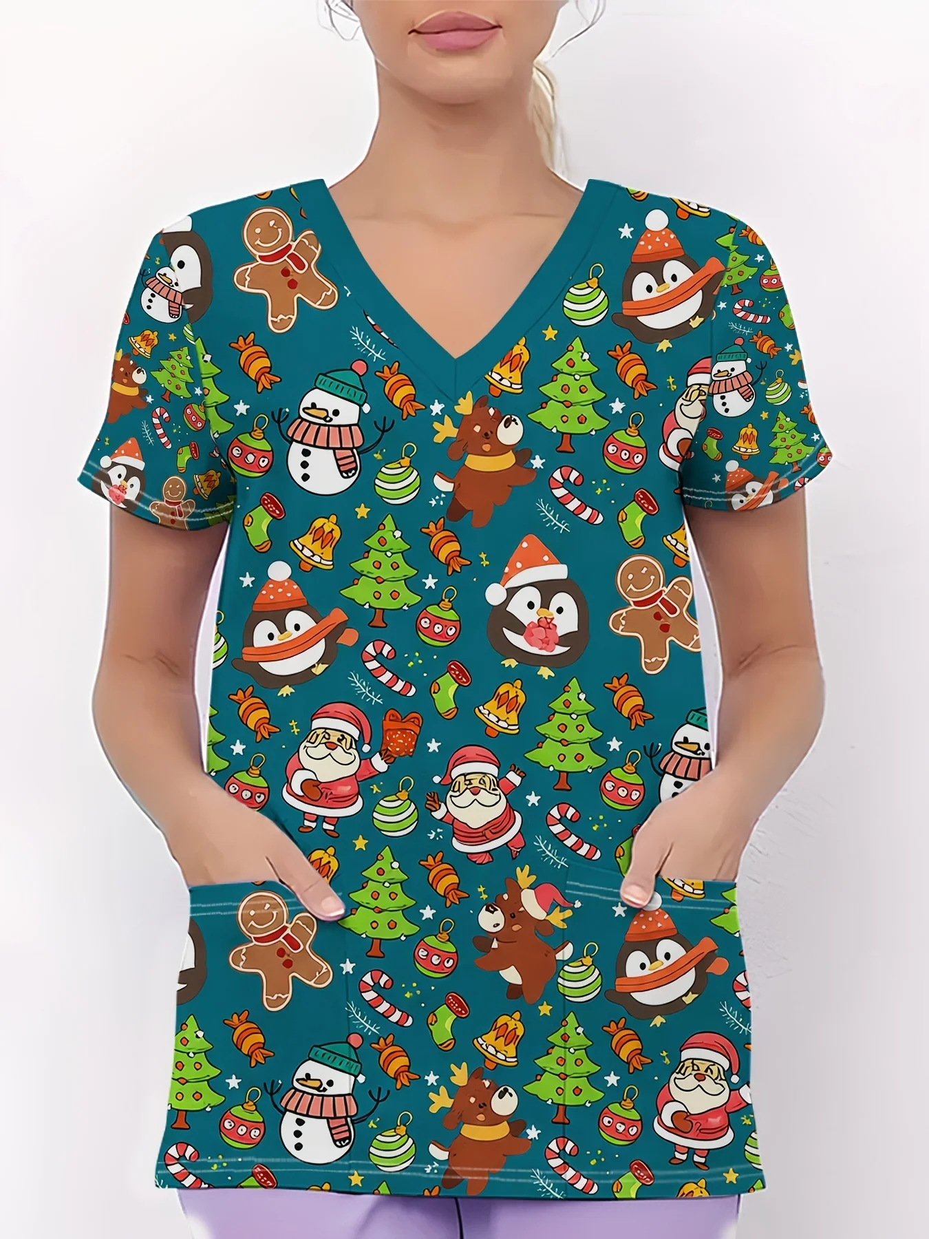 Christmas Cartoon Pattern Element Pattern Fashion with Pocket V-Neck Nursing Dentist Vet Nurse Clothing for Women Nurse Uniform