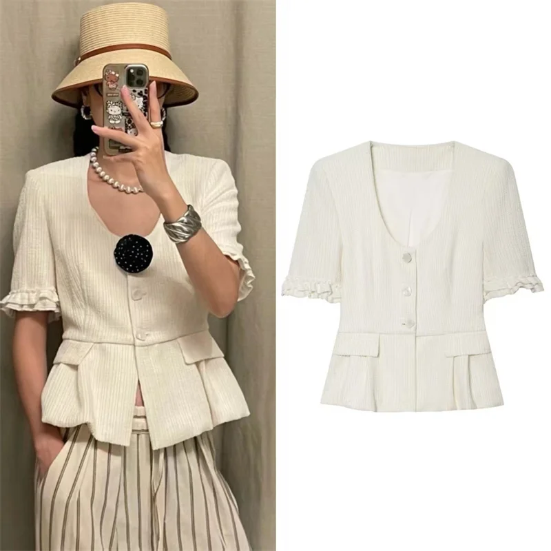 

Women's Coat 2026 Summer New Style White Short-Sleeve Dress-Style Hem Slim Elegant Lady Style Coat Vacation Style Fashionable