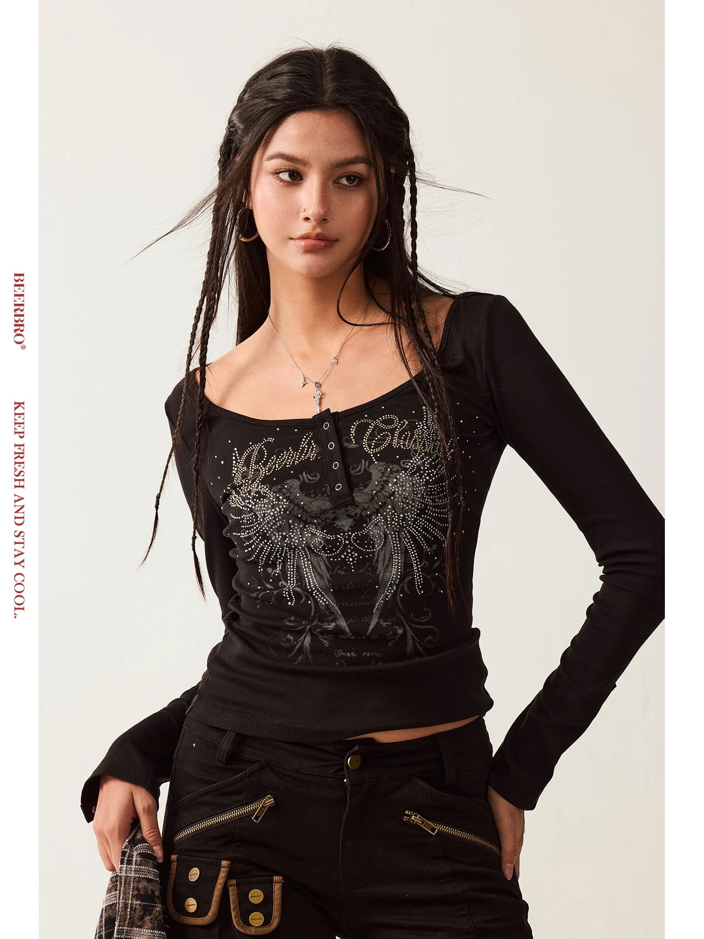 

Футболка BeerBro New Journey Retro с длинным рукавом, со стразами в виде крыльев, в стиле Spicy Girl, приталенная, с термотрансферным принтом, со стразами, женская, модная