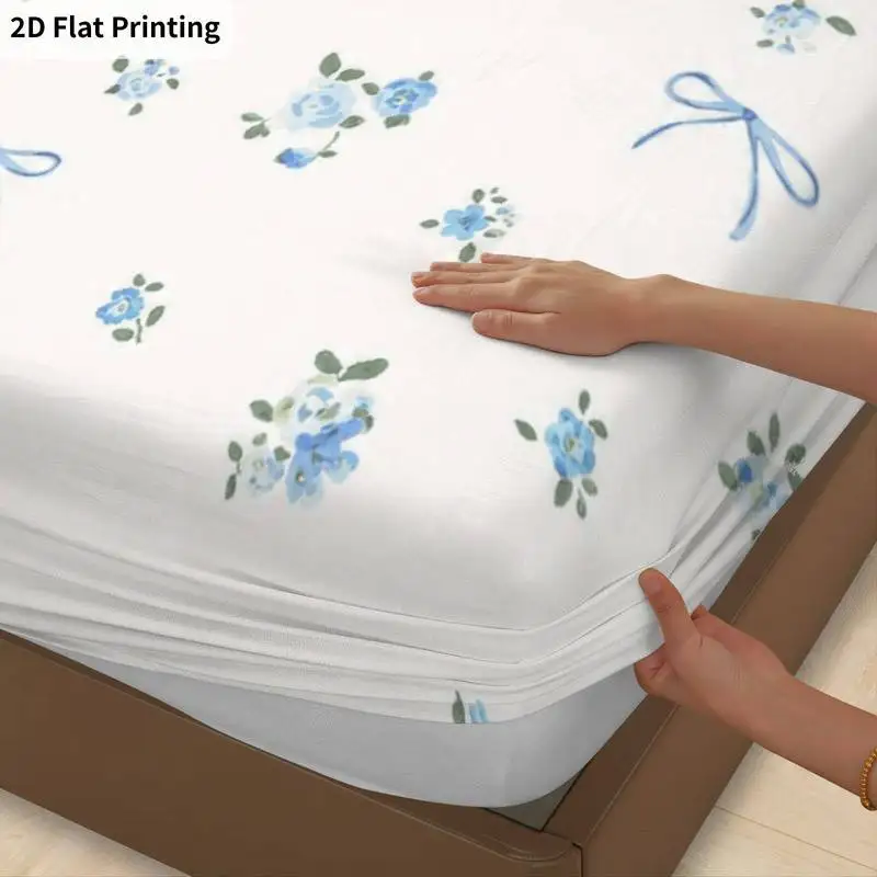 3Pcs Bluefloralbow Fitted Sheet Three Piece Set (1*Fitted Sheet + 2*Pillowcases, Coreless), Bedding Set