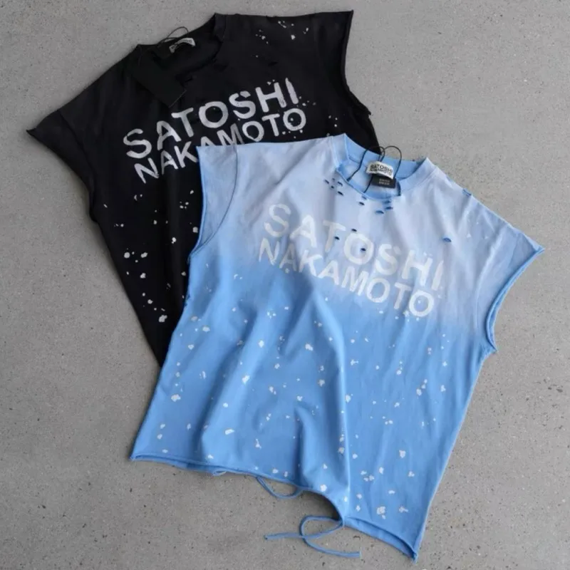American Hiphop Viantge Worn Out SATOSHI Sleeveless Tshirts Fading Letter Splashed Ink Men Women Waistcoat Tank Top Streetwear