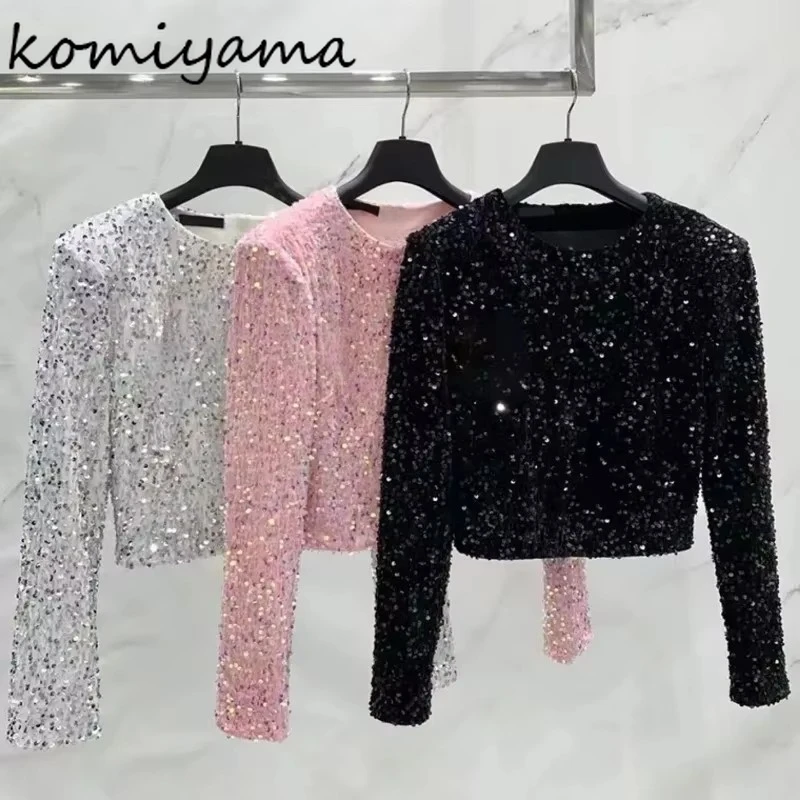 Bling Sequins Ropa Mujerน้ําหอมขนาดเล็กเสื้อผ้าผู้หญิง 2025 ใหม่O-คอยาวแขนยาวCamisetasอารมณ์Ropasเสื้อผ้าอินเทรนด์