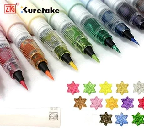 Kuretake ZIG Wink of Stella Brush II، أقلام لامعة ومتألقة، بريق ناعم للخط، صناعة البطاقات، الحرف اليدوية، فن الحروف