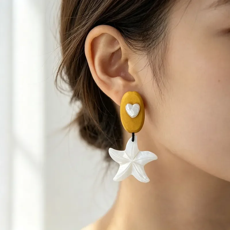 Warm yellow log oval love freshwater pearl white fritillary starfish earrings holiday fresh natural shell earrings