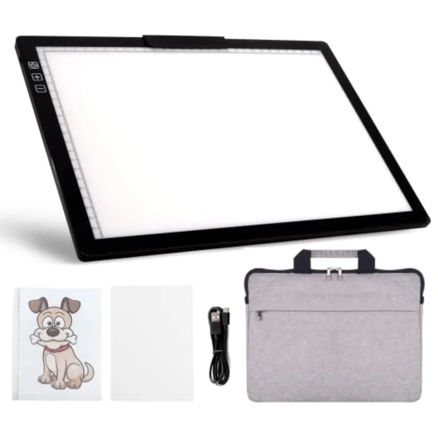 

Rechargeable A4 LED Light Pad with Padded Case Tracing Light Box w/Riser Stands and Paper Clip 6 Levels of Brightness Type-c Ca