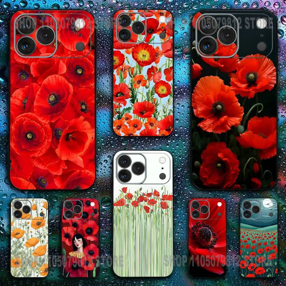 

Poppy Flower Bloom Hot Red Phone Case For iPhone 17,16,15,14,13,12,11,X,XR,XS,Plus,Mini,Pro,Max Soft black Shockproof Cover