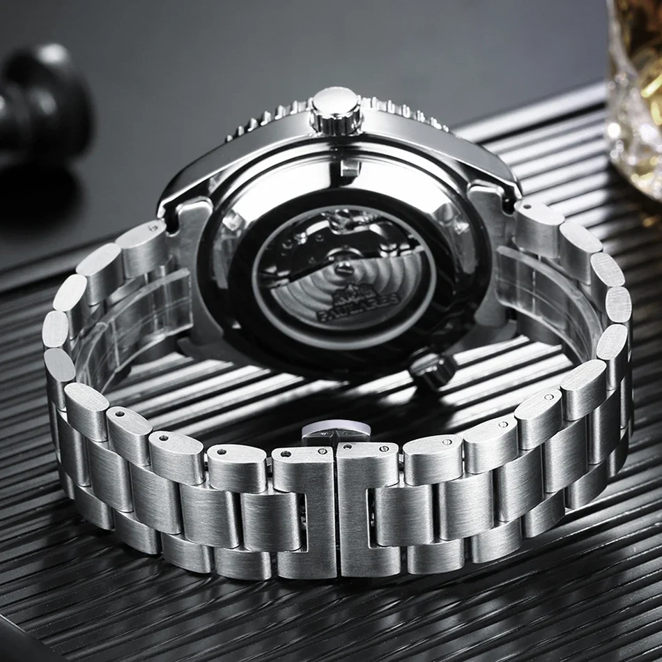 ساعات أوتوماتيكية للرجال ميكانيكية ذاتية الرياح من الفولاذ المقاوم للصدأ بحزام برتقالي أزرق أحمر فاخر