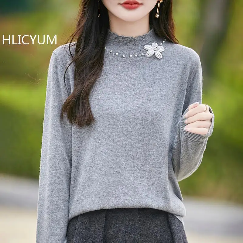 HLICYUM Women Solid Half High Collar Wool Sweater Autumn Winter Loose Plus-Size Knitted Casual Tops Bottoming Shirt Beading2024