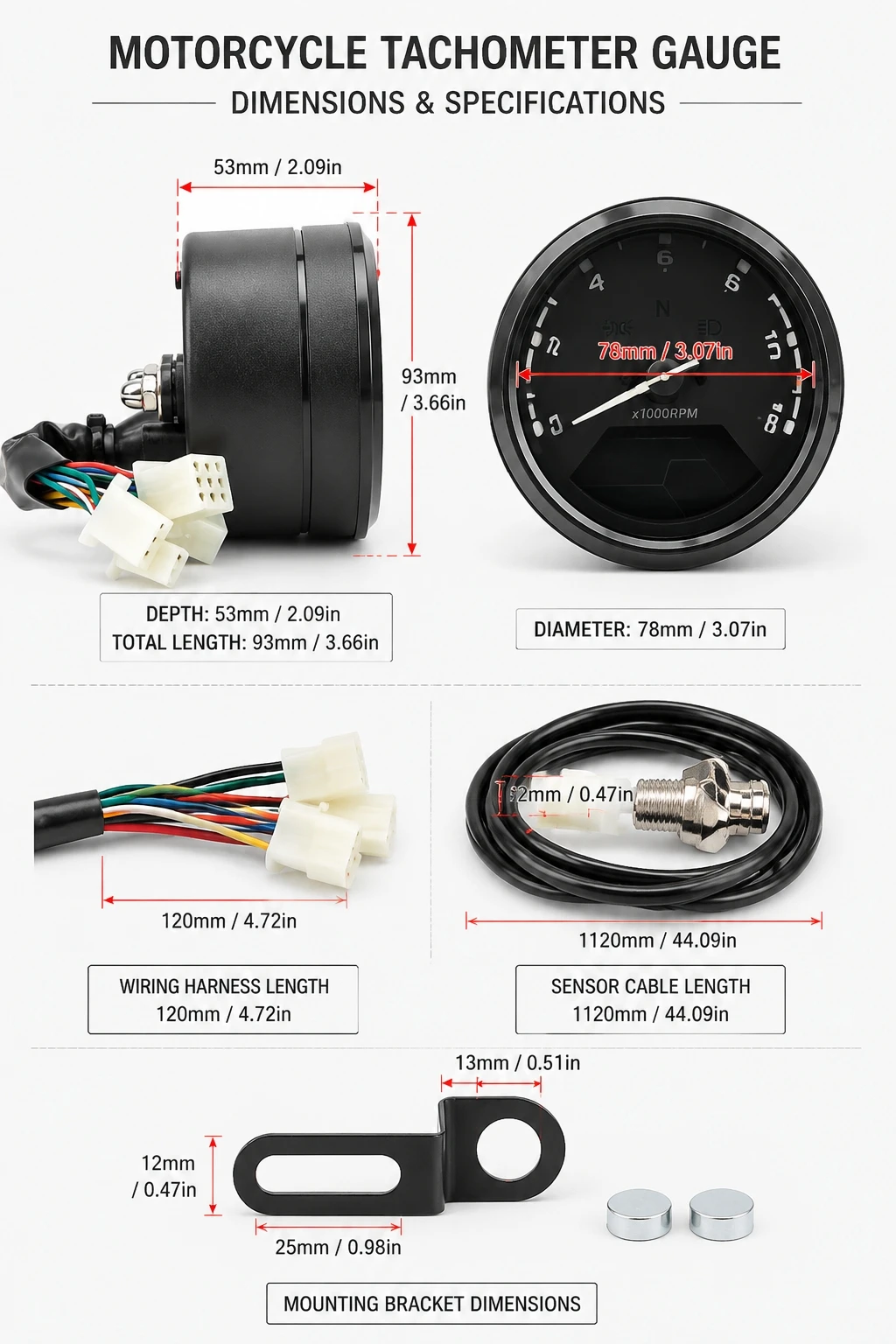 Universal 12V Round Retro Motorcycle LCD Speedometer Tachometer Odometer Fuel Level Gauge Modified Digital Instrument For Cafe R view 6