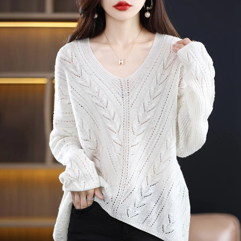 

Women's New Cashmere Sweater V-neck Sweater 100% Pure Wool Casual Knitted Top Autumn and Winter Plus Size Women