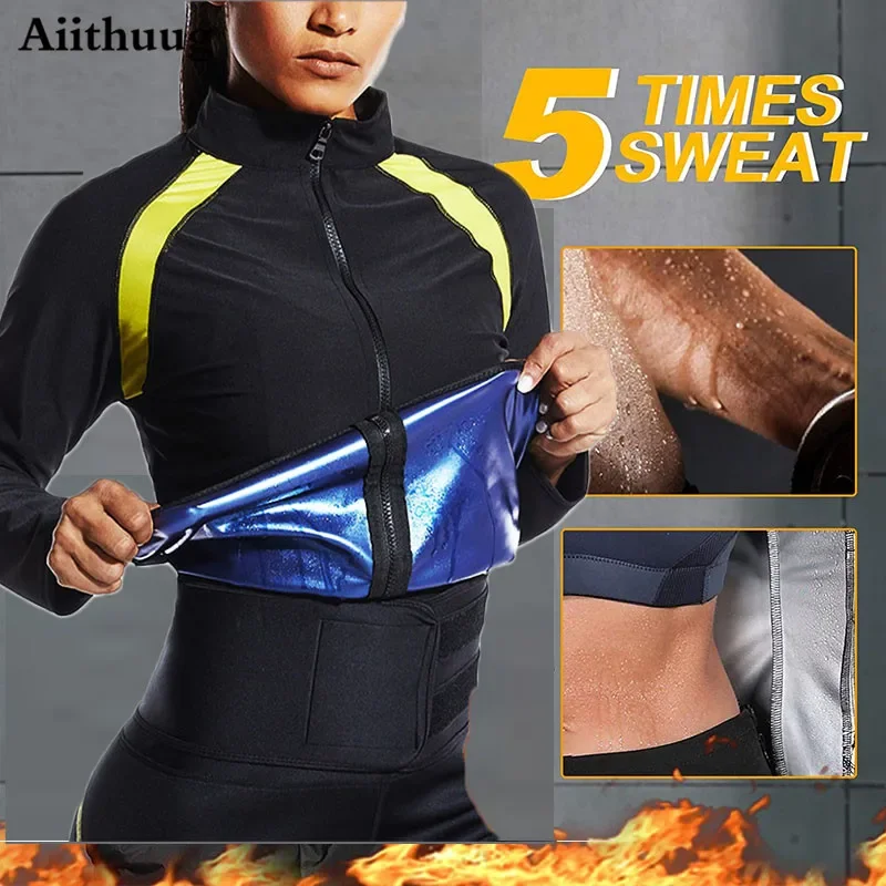 Aiithuug Sauna Jacket for Women Sweat Suits Weight Loss Suits Gym Workout Long Sleeve Sweat Top Shaper for Women with Zipper