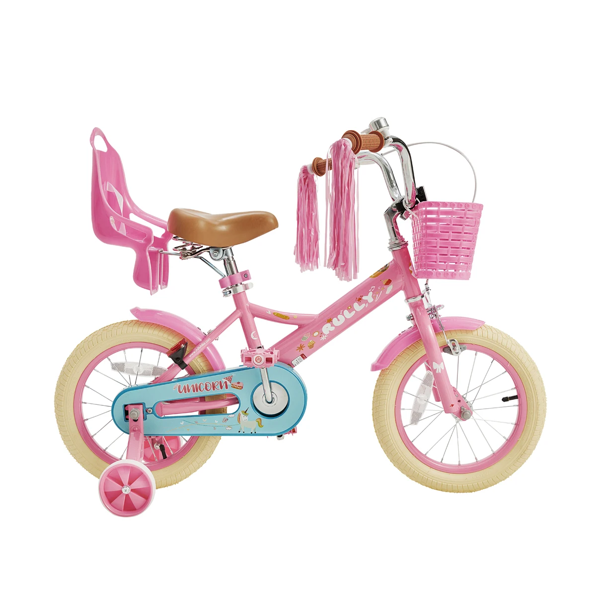 Rully 12-16 Inch Children's Bicycle with Traning Wheels, Bike Bell, Doll Seat, Basket for 2-6 Years Girls, White & Pink